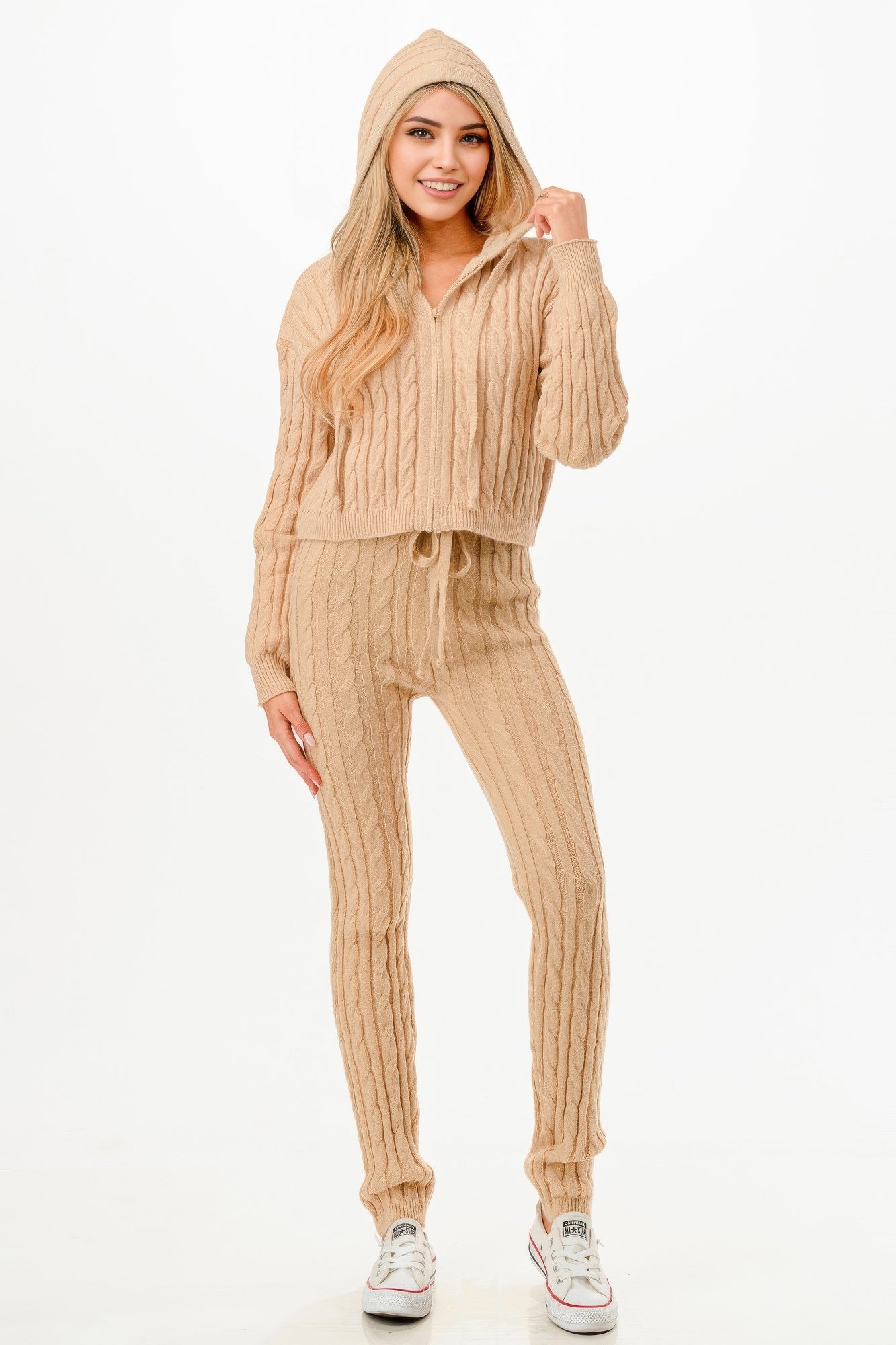 Cozy Beige Loungewear Set with Hood and Cable Knit Design for Casual Comfort