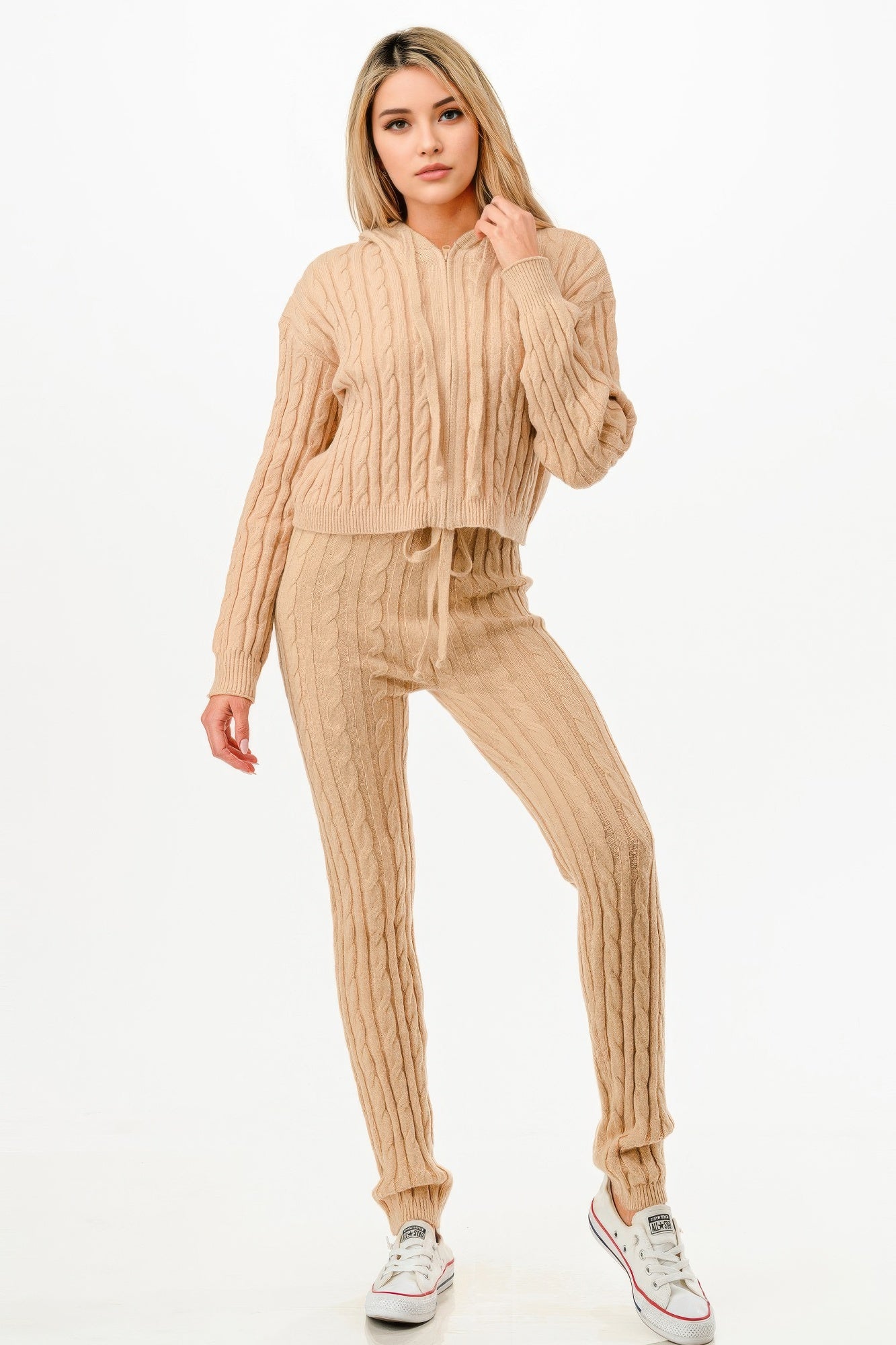 Cozy beige cable knit hoodie and pants from GLANCE APPAREL, perfect for a Pink Loungewear Set