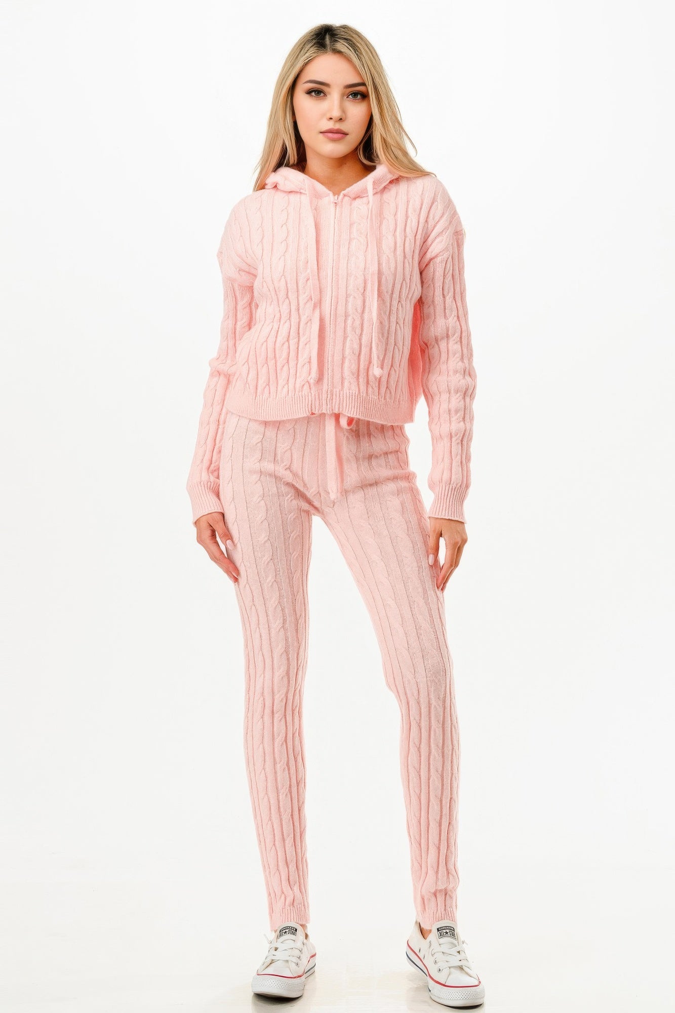 GLANCE APPAREL Pink Loungewear Set with cable knit design featuring a cozy hooded top and matching pants