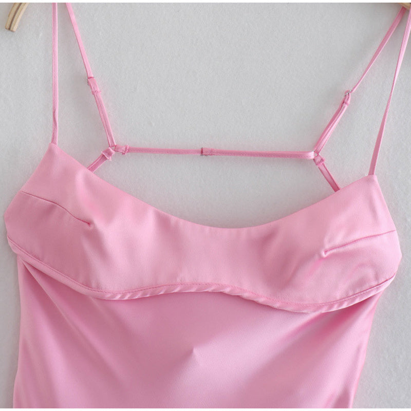 Trendsi pink satin slip dress with adjustable thin straps and smooth fabric close-up