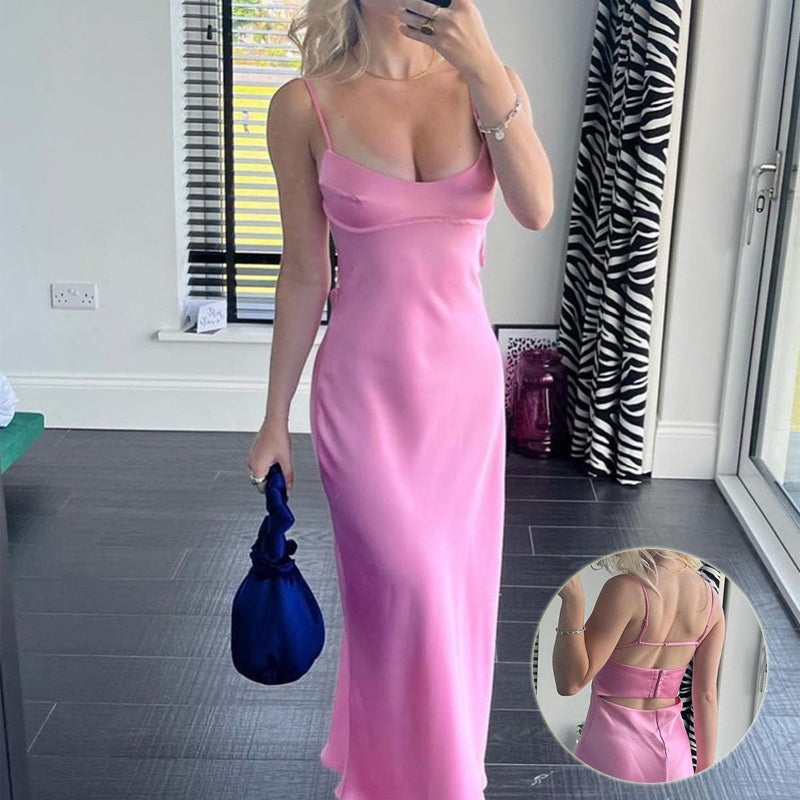 Trendsi pink satin slip dress with spaghetti straps and a fitted silhouette, shown from front and back