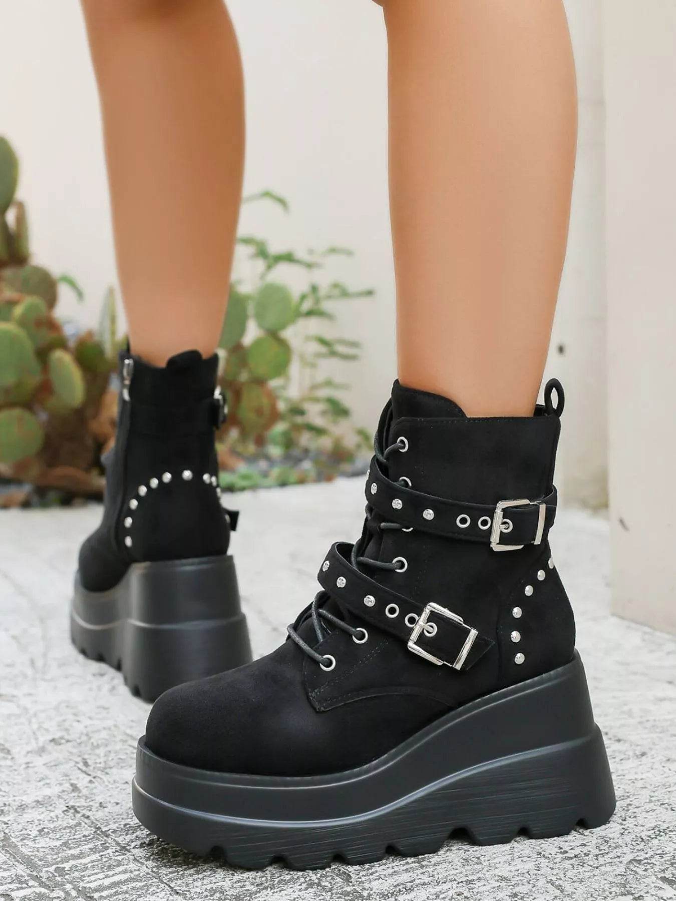 Lace Up Platform Wedge Boots - High Heel PU Leather Boots - Fashions Envy