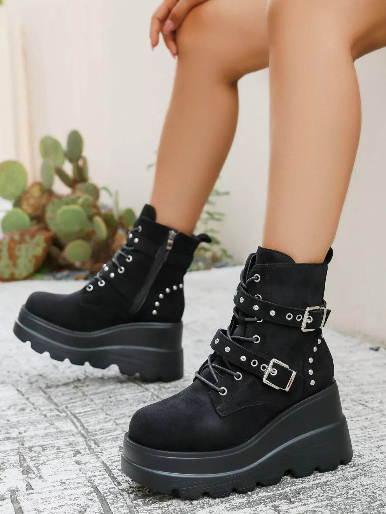 Lace Up Platform Wedge Boots - High Heel PU Leather Boots - Fashions Envy