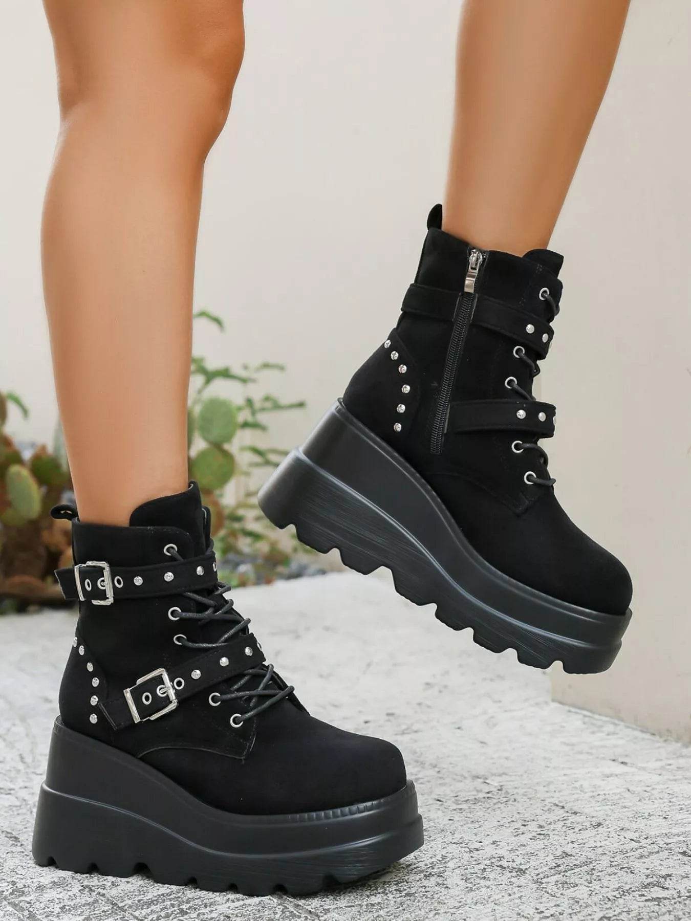 Lace Up Platform Wedge Boots - High Heel PU Leather Boots - Fashions Envy