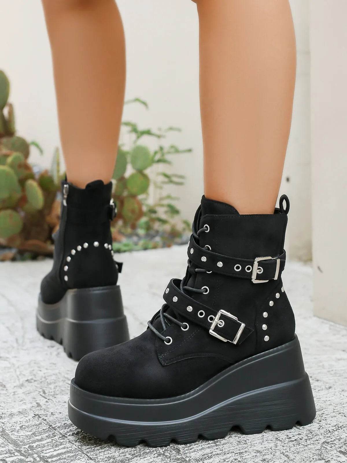 Lace Up Platform Wedge Boots - High Heel PU Leather Boots - Fashions Envy