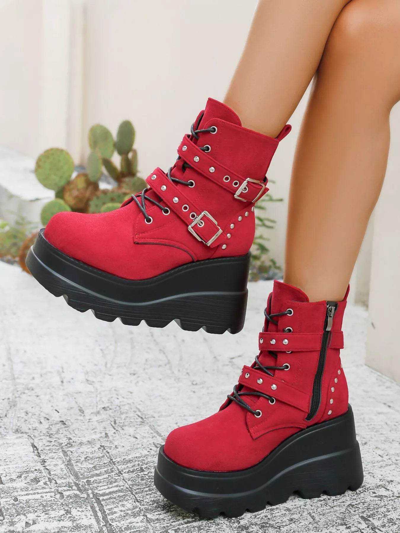 Lace Up Platform Wedge Boots - High Heel PU Leather Boots - Fashions Envy