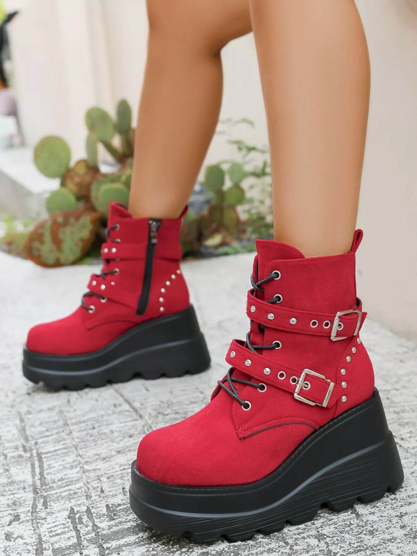 Lace Up Platform Wedge Boots - High Heel PU Leather Boots - Fashions Envy