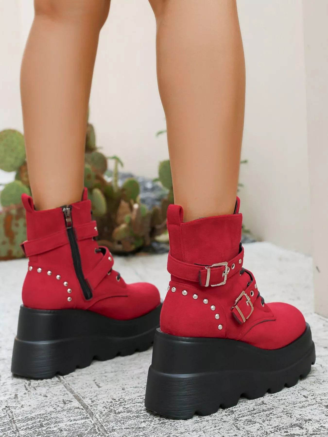 Lace Up Platform Wedge Boots - High Heel PU Leather Boots - Fashions Envy