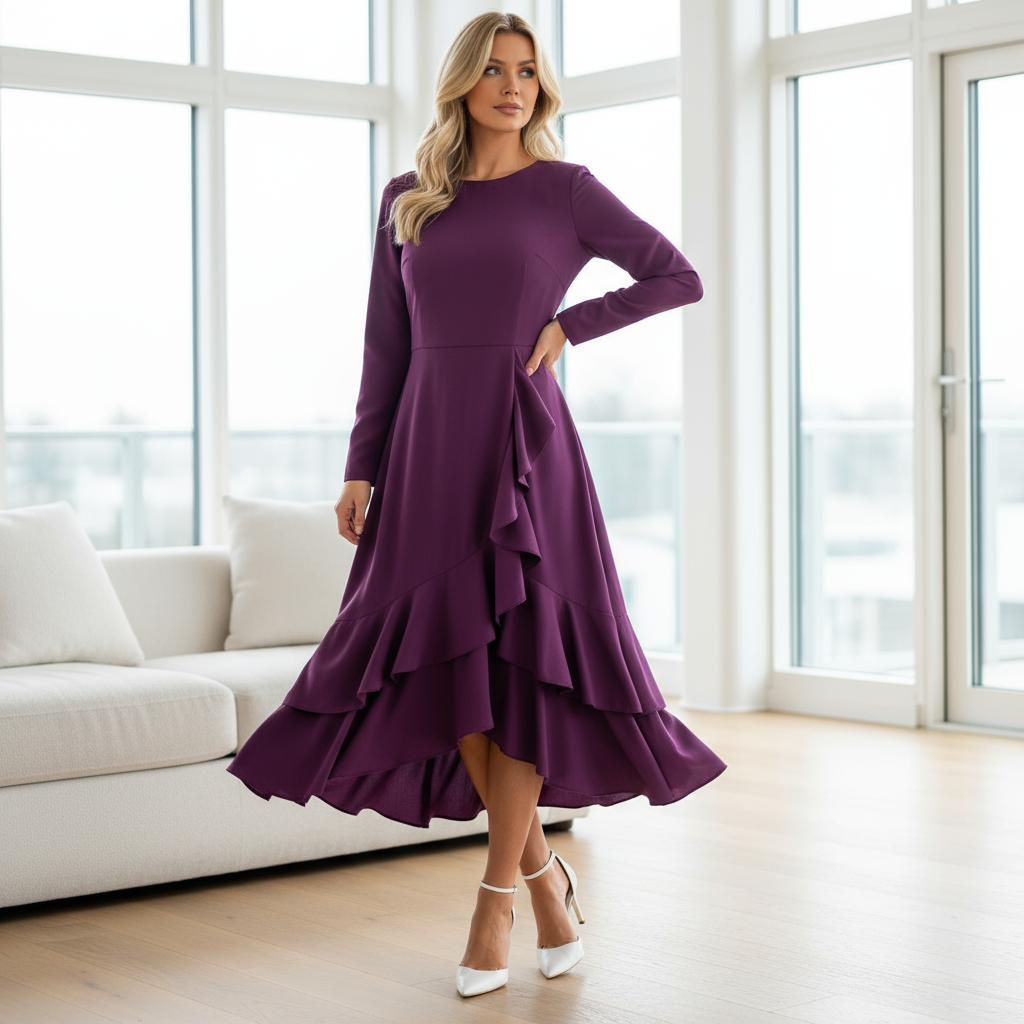 Plum purple ruffle dress - blonde elegant setting