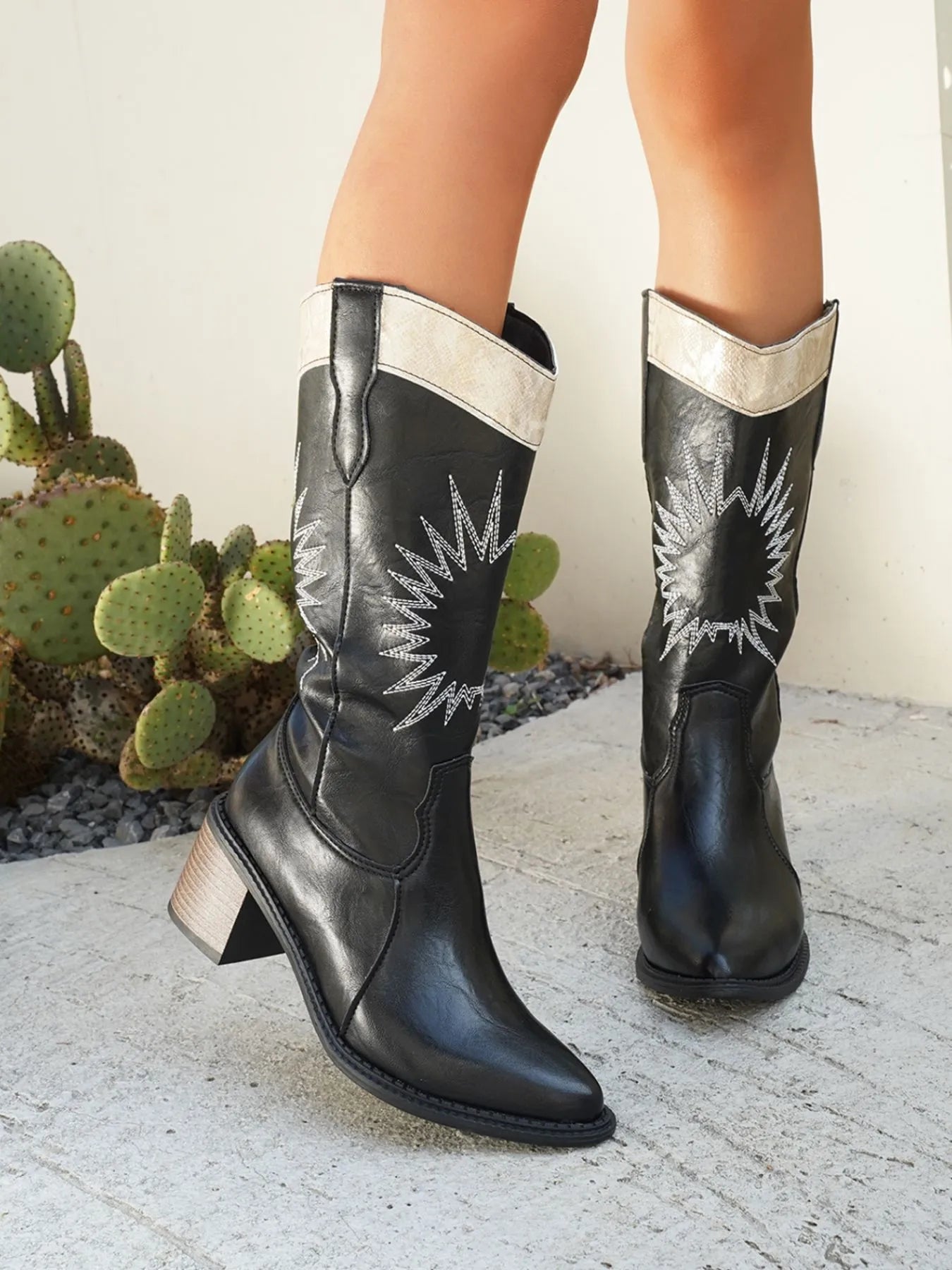 Trendsi black Point Toe Low Block Western boots with decorative white stitching and stacked heel