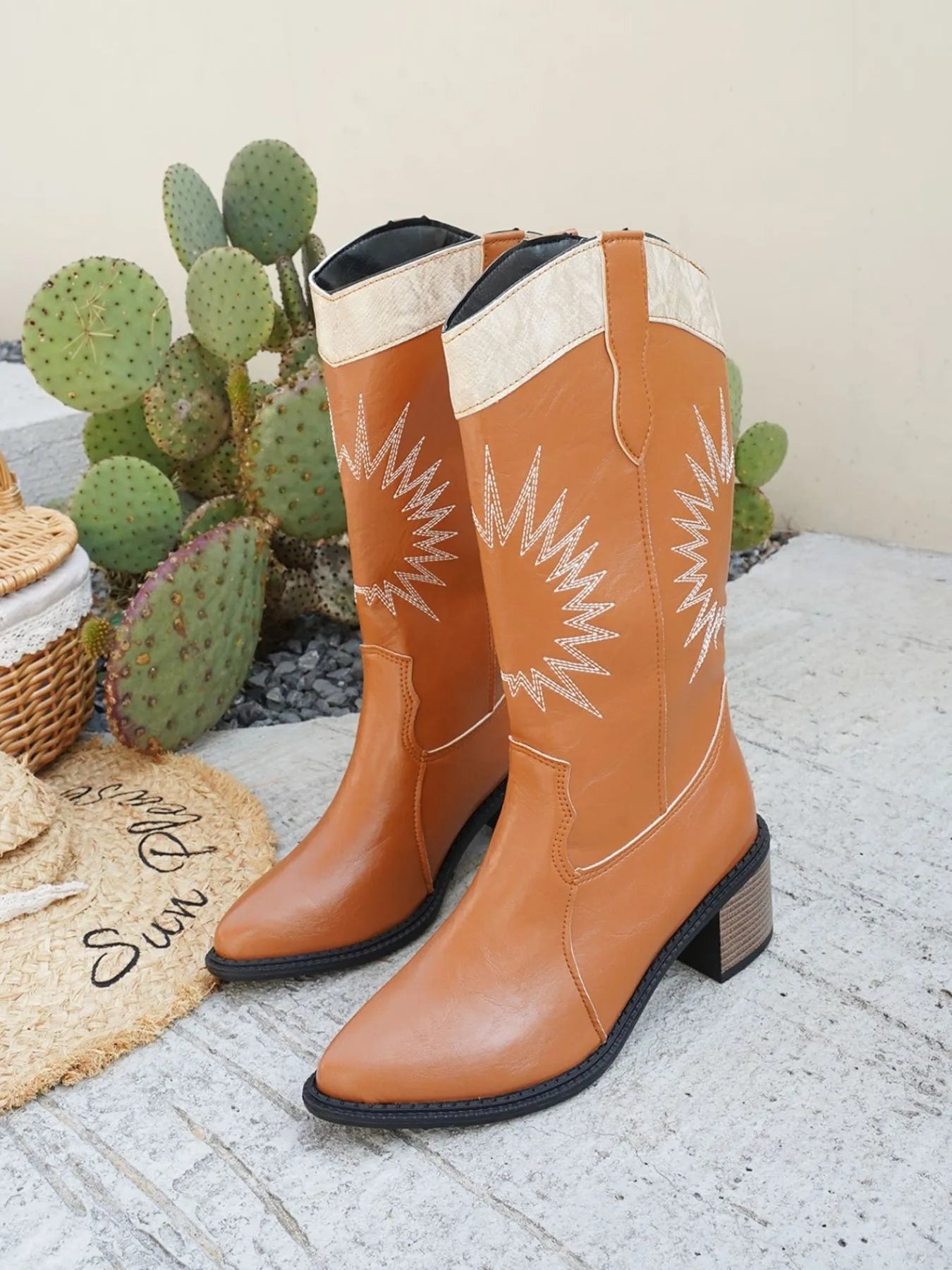 Trendsi Point Toe Low Block tan western-style boots with stitched starburst design and cream top trim
