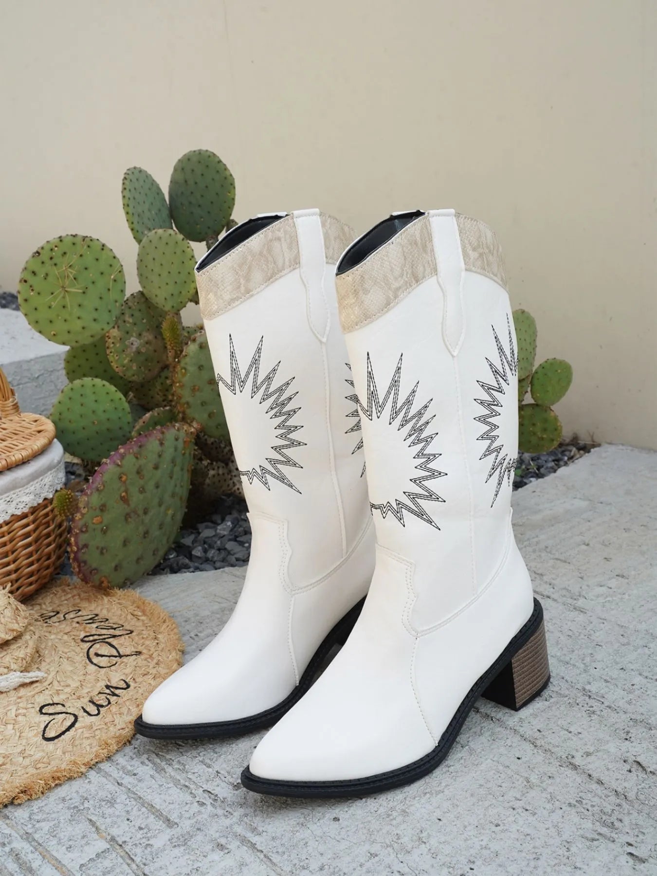 Trendsi white western boots with point toe low block heel and starburst embroidery design