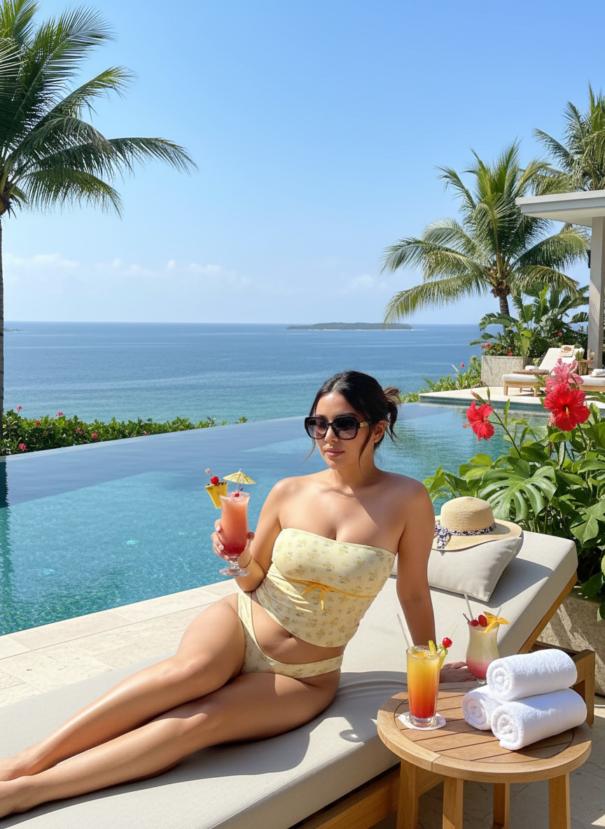 Poolside luxury scene with yellow floral bikini