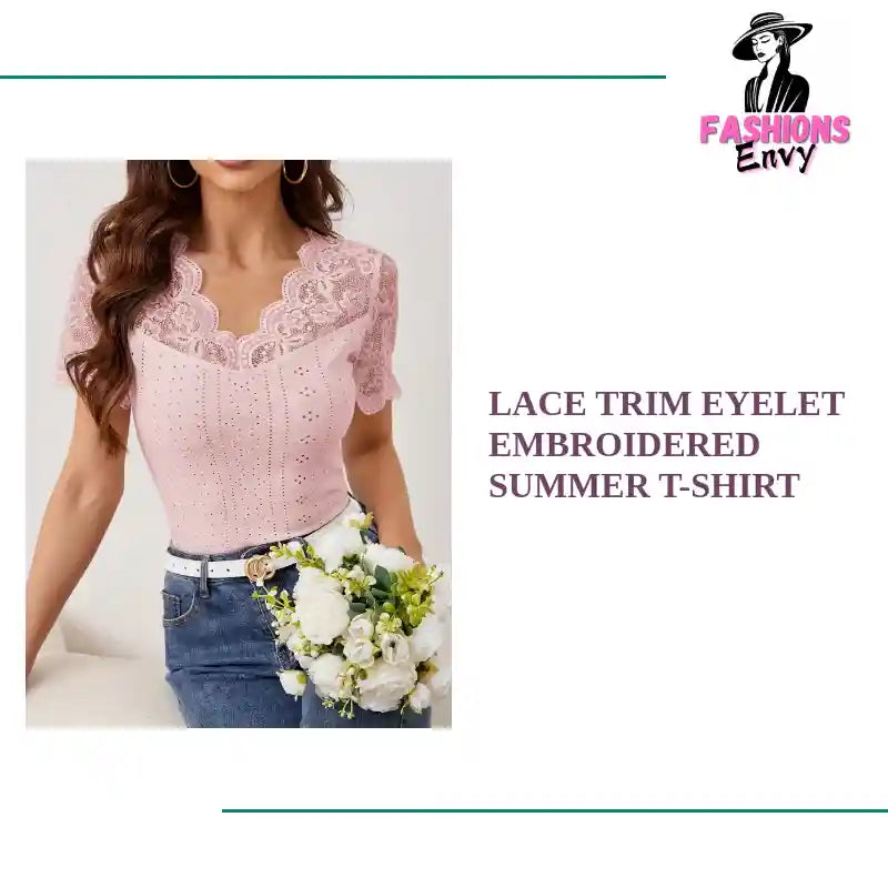 Lace Trim Eyelet Embroidered Summer T-Shirt by@Outfy