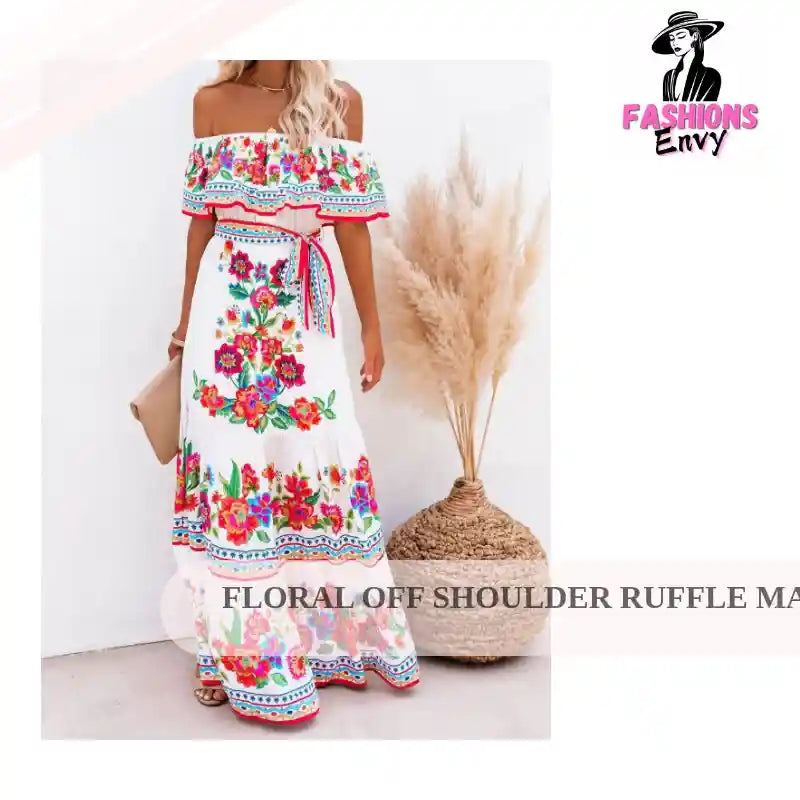 Load video: Floral Off Shoulder Ruffle Maxi Dress by@Outfy