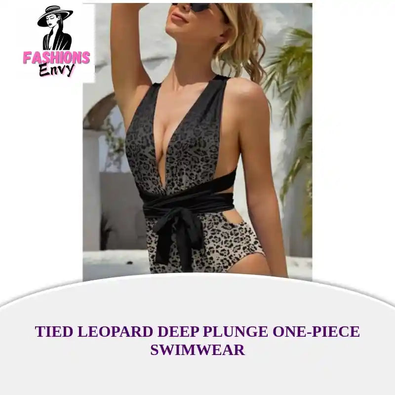 Tied Leopard Deep Plunge One-Piece Swimwear by@Outfy