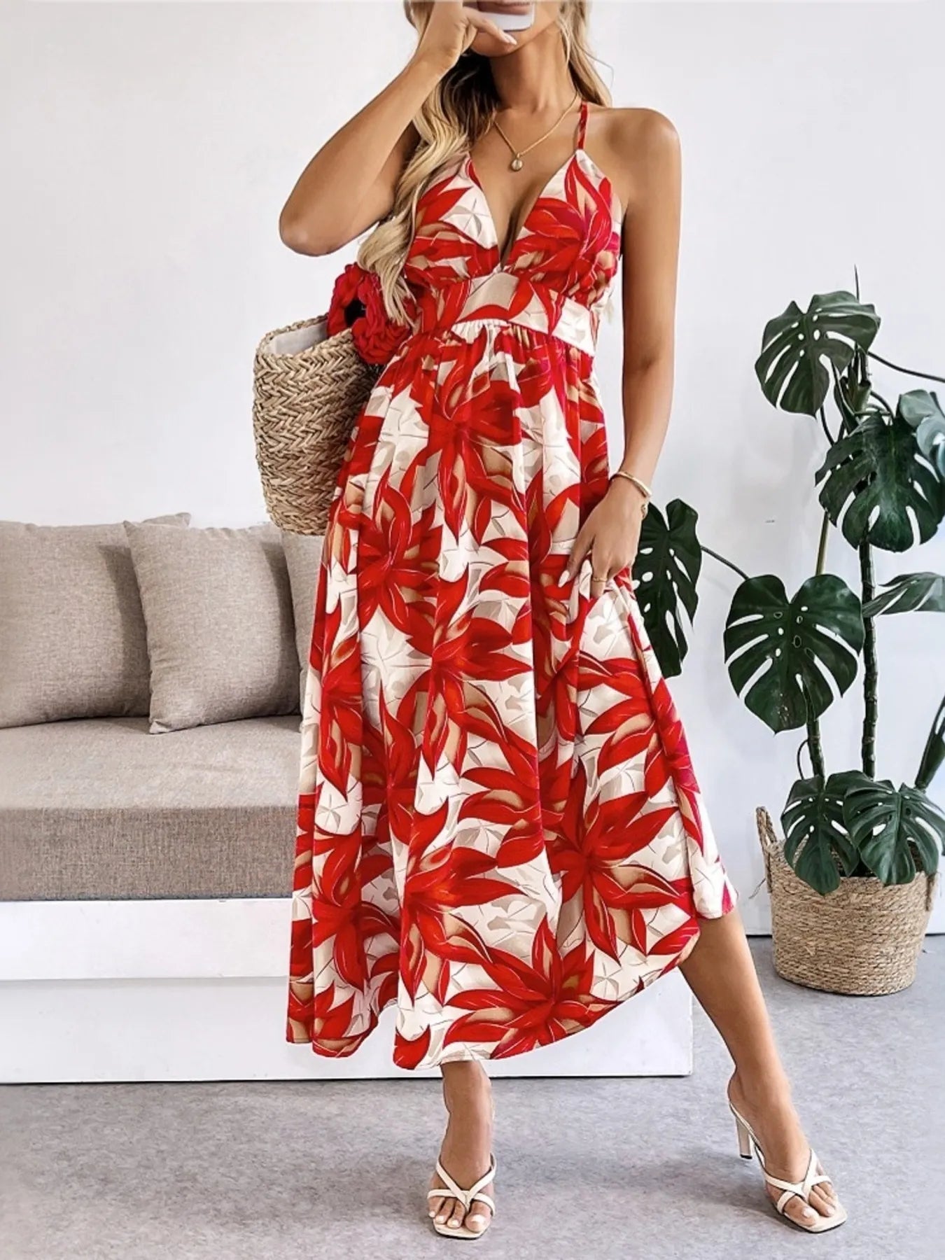 Trendsi Printed Midi Dress in Red Floral Pattern with Spaghetti Straps for Summer Style
