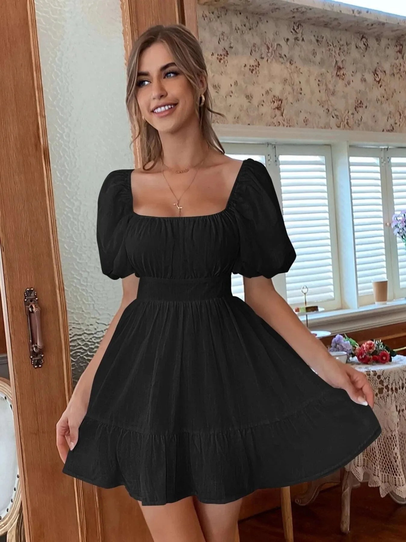 Trendsi Puff Sleeve Mini Dress in black with a square neckline and a flared skirt