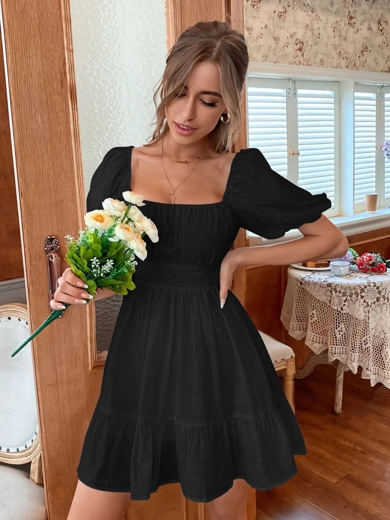 Trendsi Puff Sleeve Mini Dress in Black with a Square Neckline and Flared Skirt