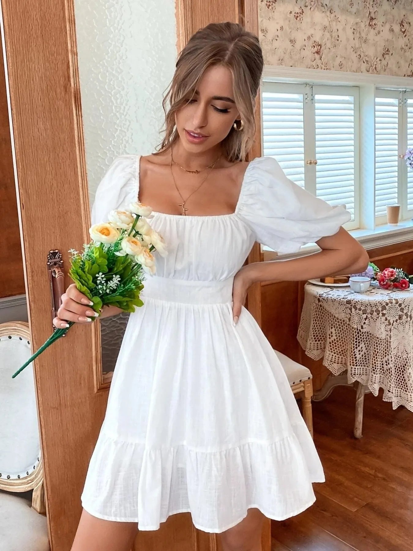 Trendsi Puff Sleeve Mini Dress in White with a Flowy Design and Square Neckline