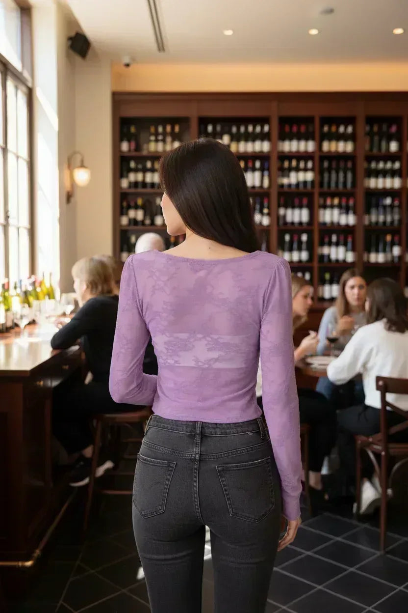Purple Lace Tie-Front Top - Back View - Brunette Model Wine Bar