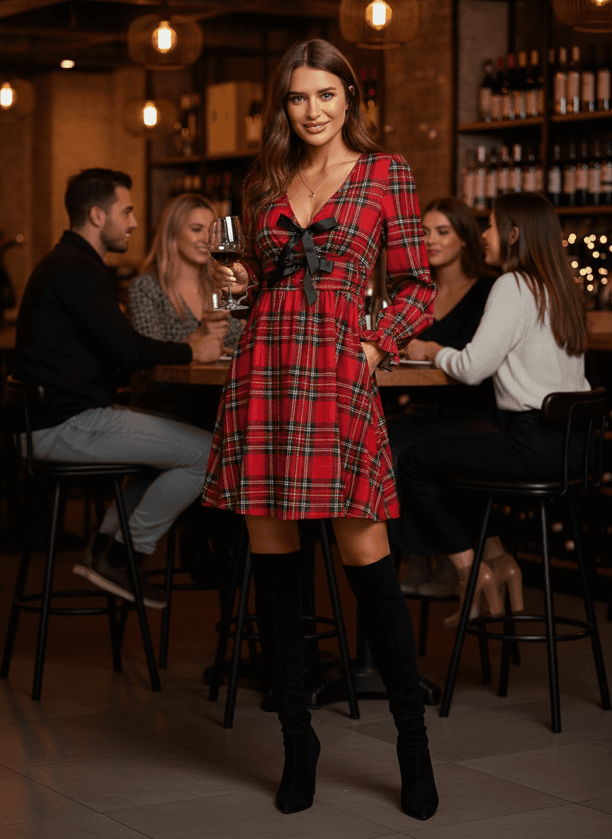 Plaid Mini Dress - V-Neck Tie Front Holiday Dress - Fashions Envy