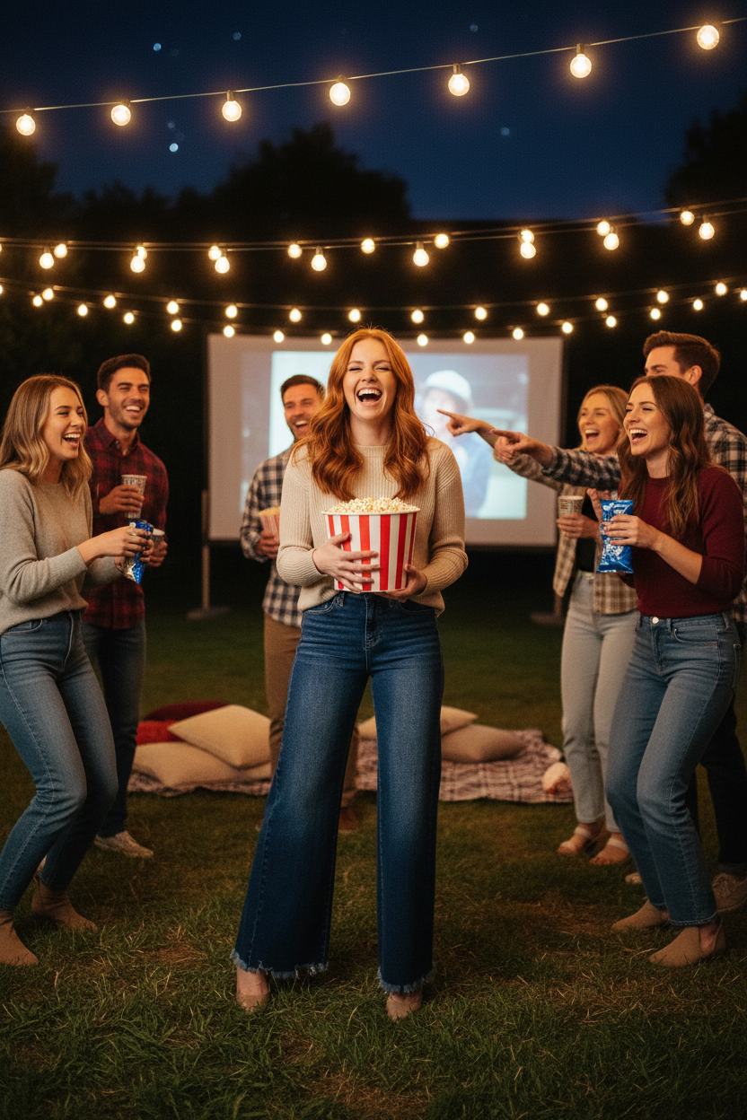 Redhead model at outdoor movie night with jeans