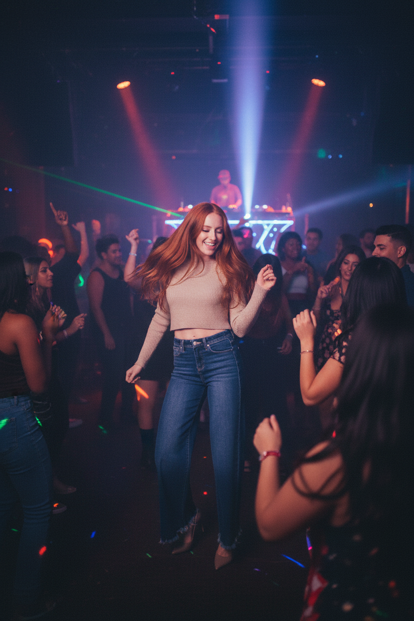 Redhead model in nightclub with dark wash jeans