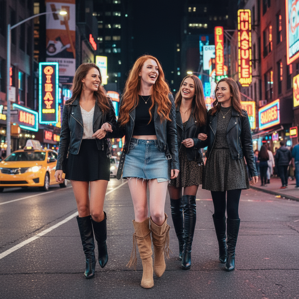 Redhead walking city street at night with friends in tan boots - full body
