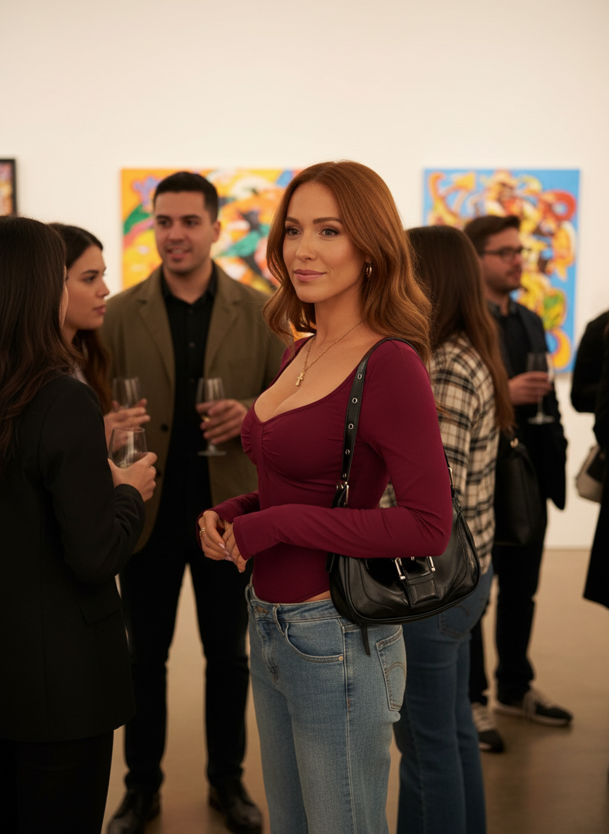 Redhead woman in early 30s wearing ruched bodysuit at art gallery opening