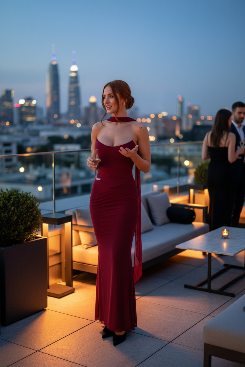 Redhead woman standing at rooftop restaurant wearing tube top and maxi skirt set