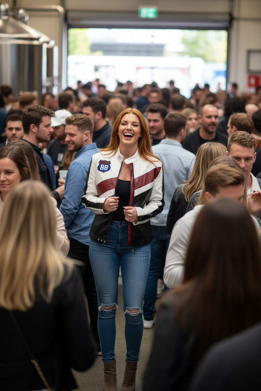 Redhead woman wearing color block PU leather jacket at brewery