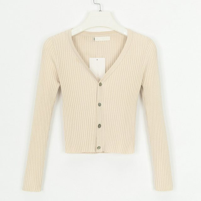 Beige Ribbed Crop Cardigan with Button Details and Long Sleeves for a Stylish Look