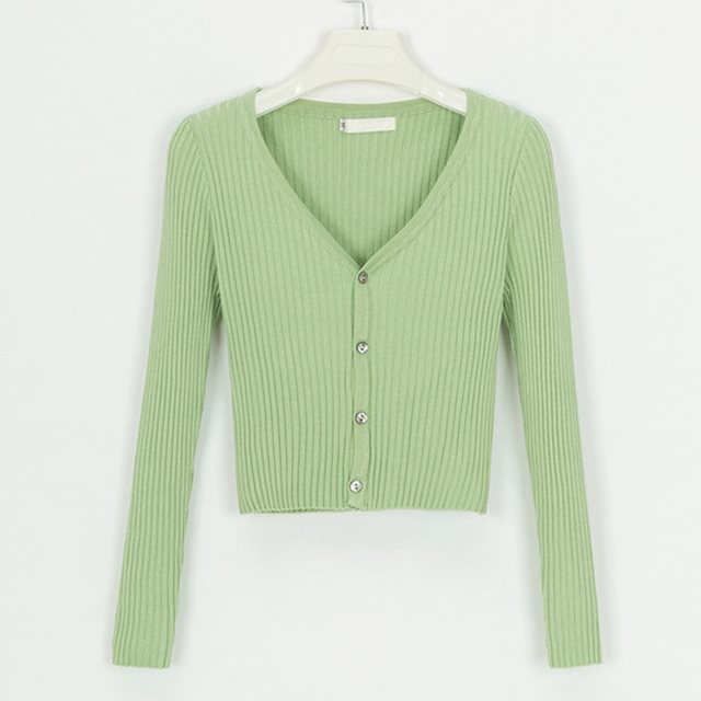 Light green Ribbed Crop Cardigan with a V-neck and button closure for a stylish layered look