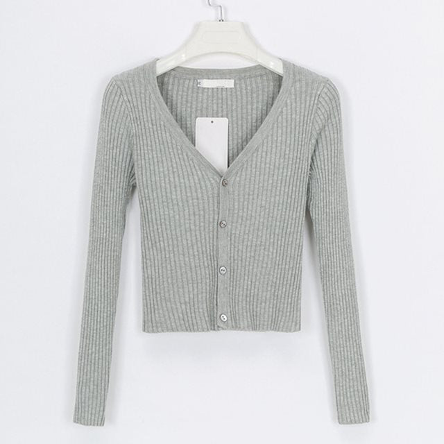 CJ Ribbed Crop Cardigan in Light Gray with V-Neck Design and Button Closure