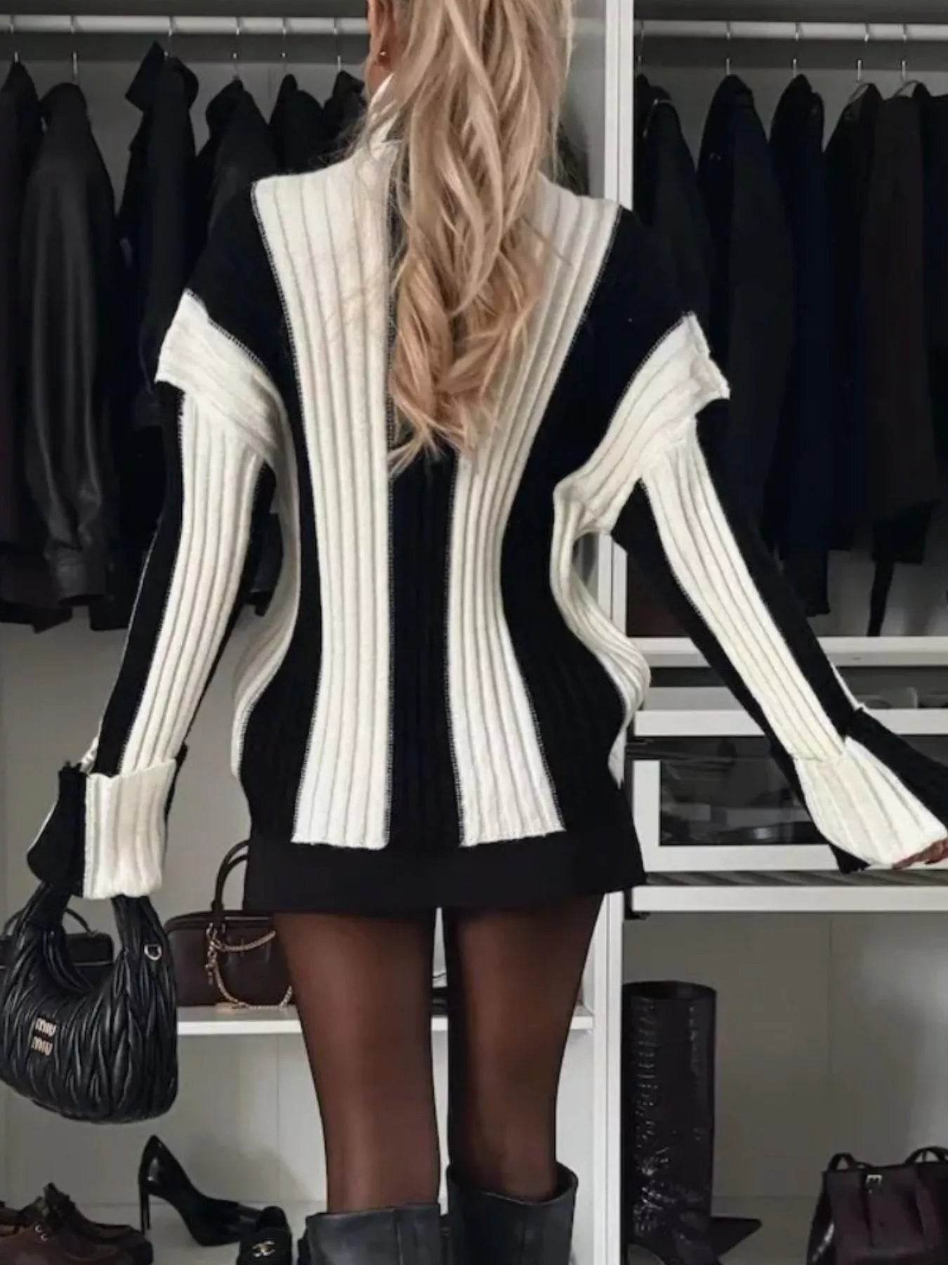 Trendsi Ribbed Turtleneck Sweater in Black and White, featuring a stylish oversized fit and cozy texture
