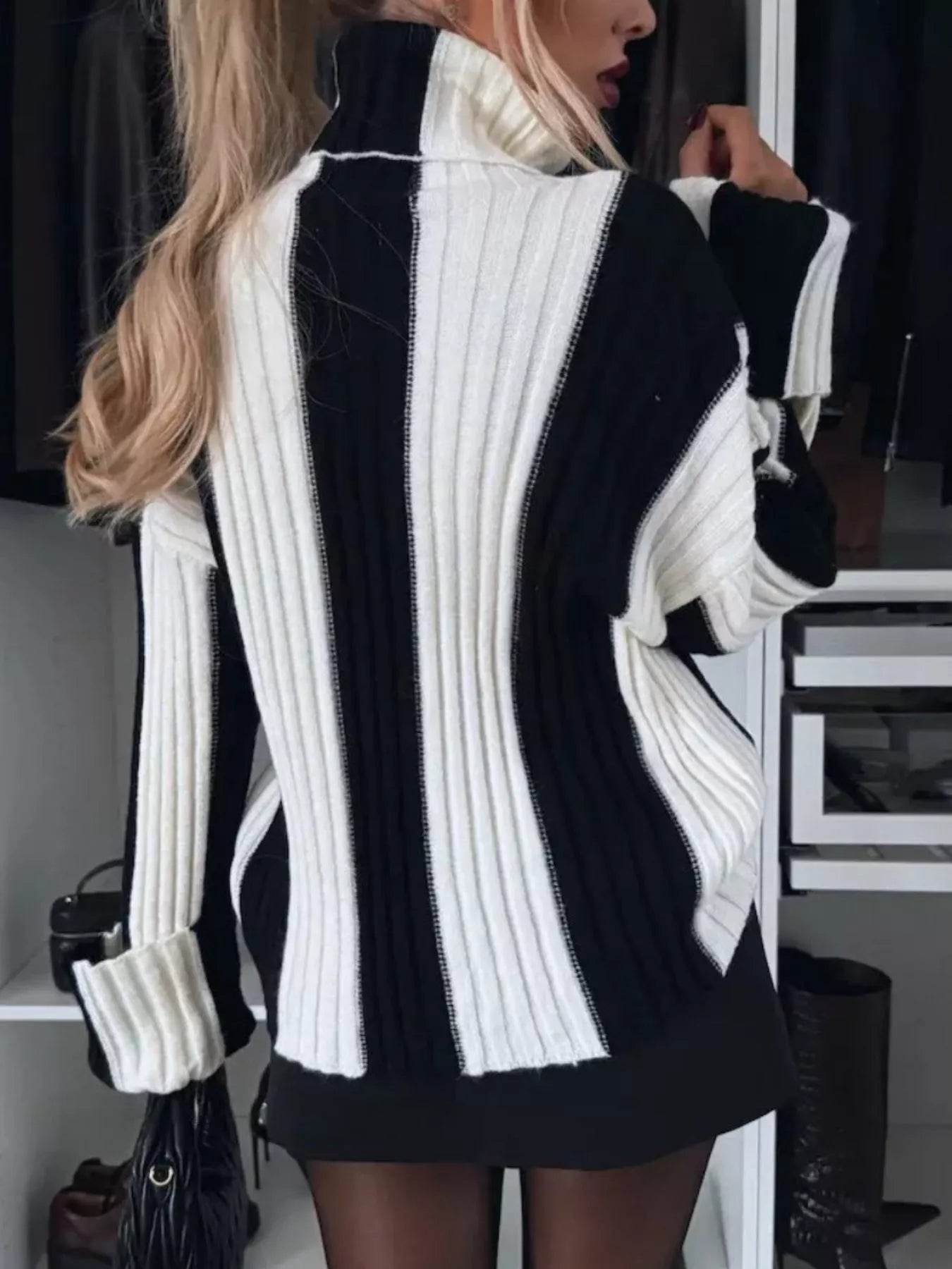Trendsi Ribbed Turtleneck Sweater in black and white stripes with a loose fit for stylish layering