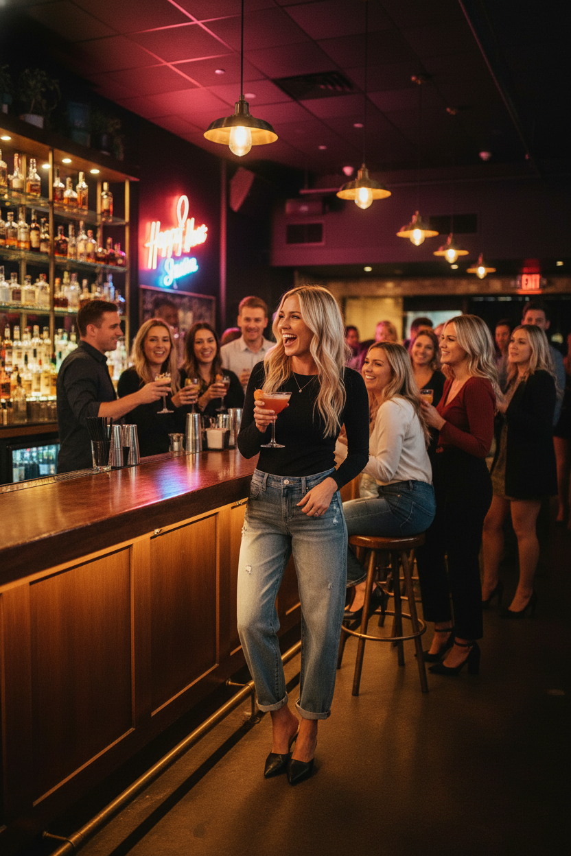 RISEN Barrel Jeans Bar Scene with Friends