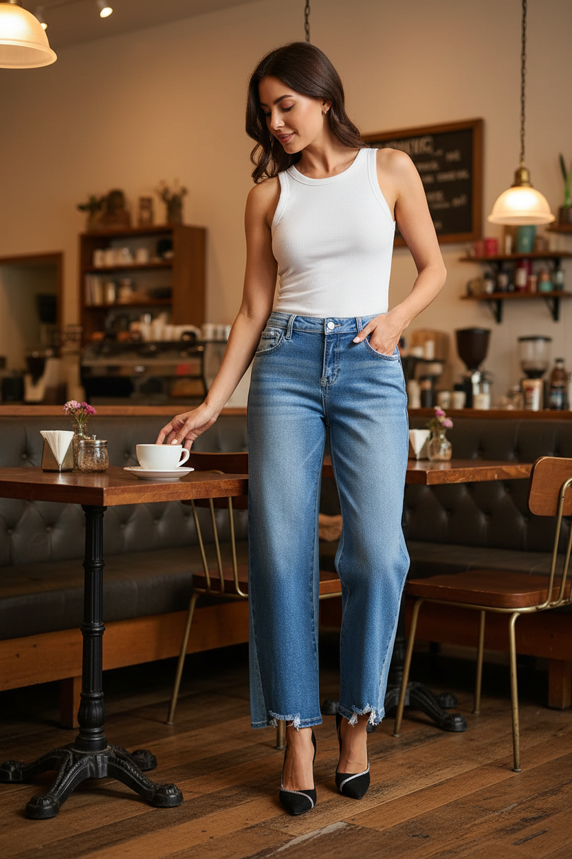 RISEN Slouchy Cropped Barrel Jeans - Contrast Wash - Fashions Envy