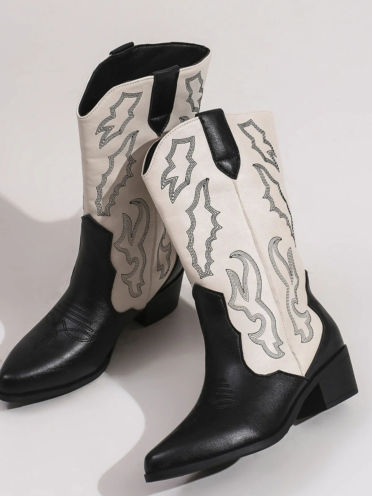 Classic Western Boots two tone black and cream leather mid calf cowboy boots with stitched decorative pattern