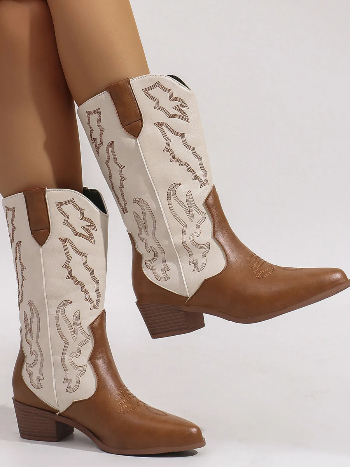 Trendsi Classic Western Boots tan leather foot with cream embroidered shaft and stacked heel
