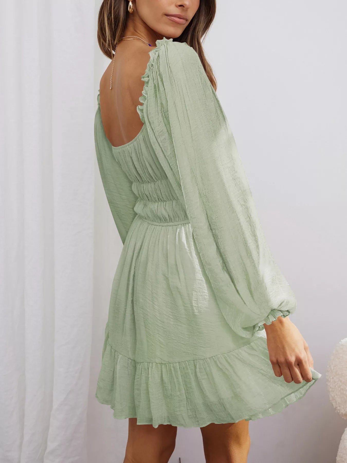 Trendsi Romantic Flowy Dress in Soft Green with Long Sleeves and Ruffled Hem