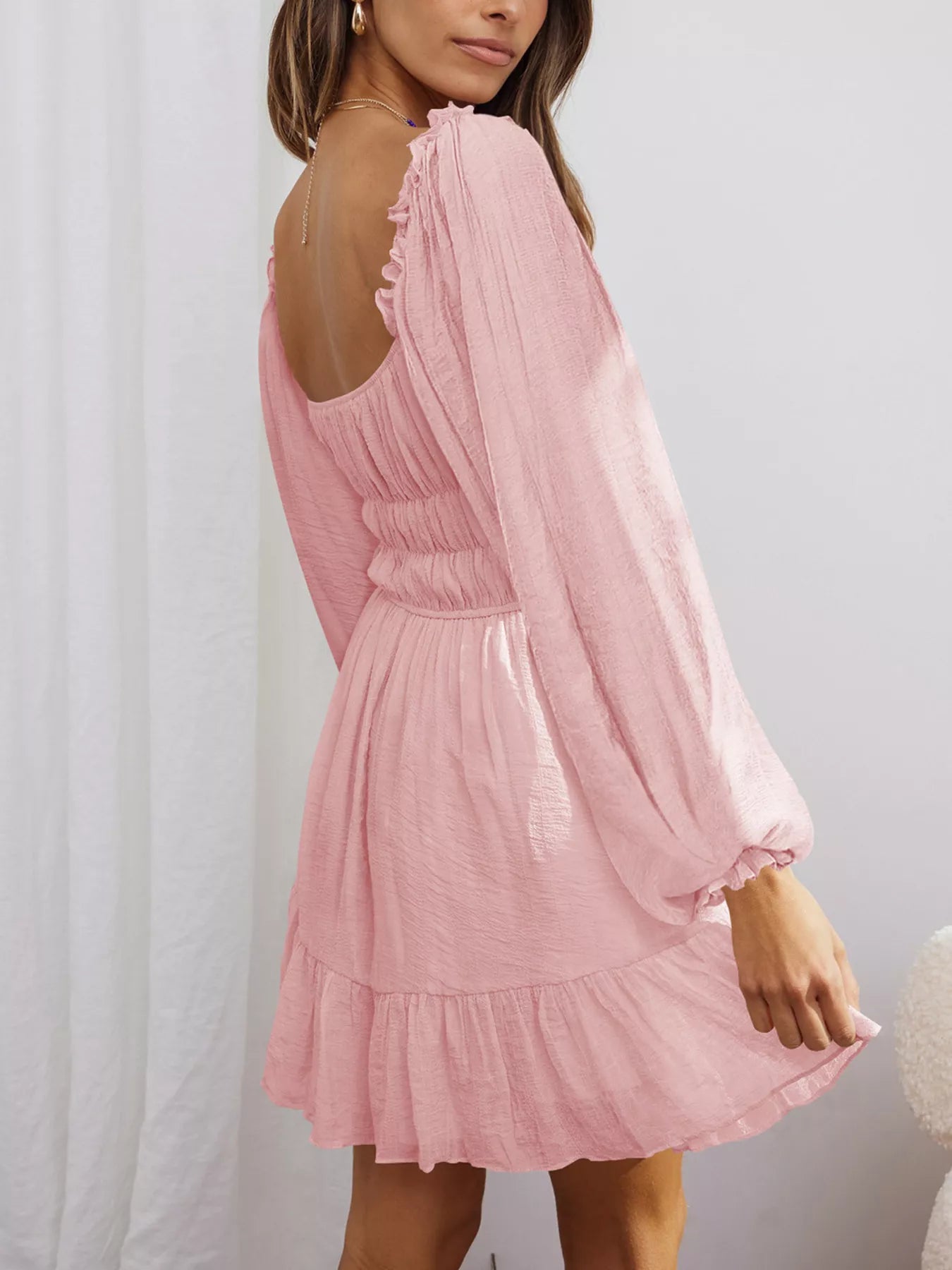 Trendsi Romantic Flowy Dress in Soft Pink with Ruffled Sleeves and Hem for Effortless Styling