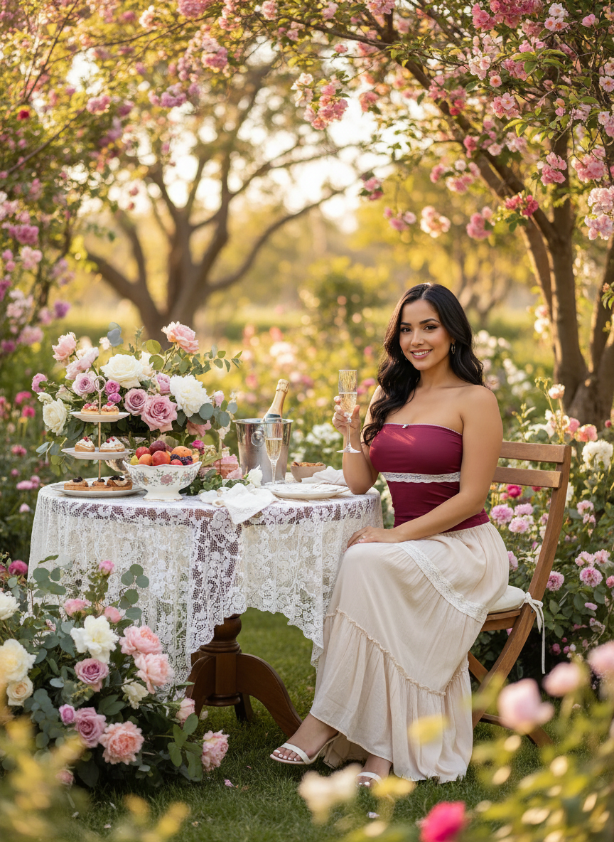Romantic garden party scene with lace trim strapless tube top