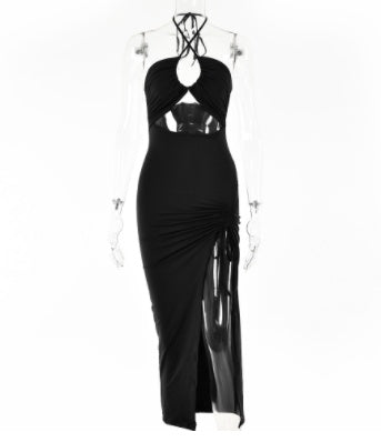Trendsi black Ruched Cutout Cross Halter Maxi Dress with side slit and adjustable ties