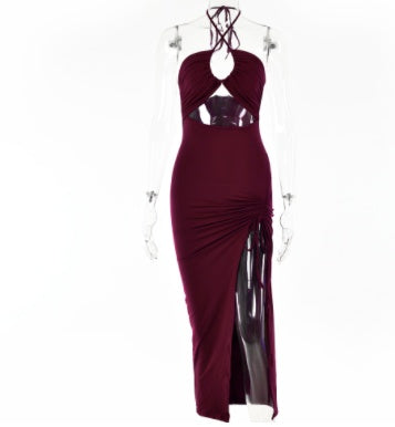 Trendsi Ruched Cutout Cross Halter Maxi Dress in deep burgundy with side ruching and front slit