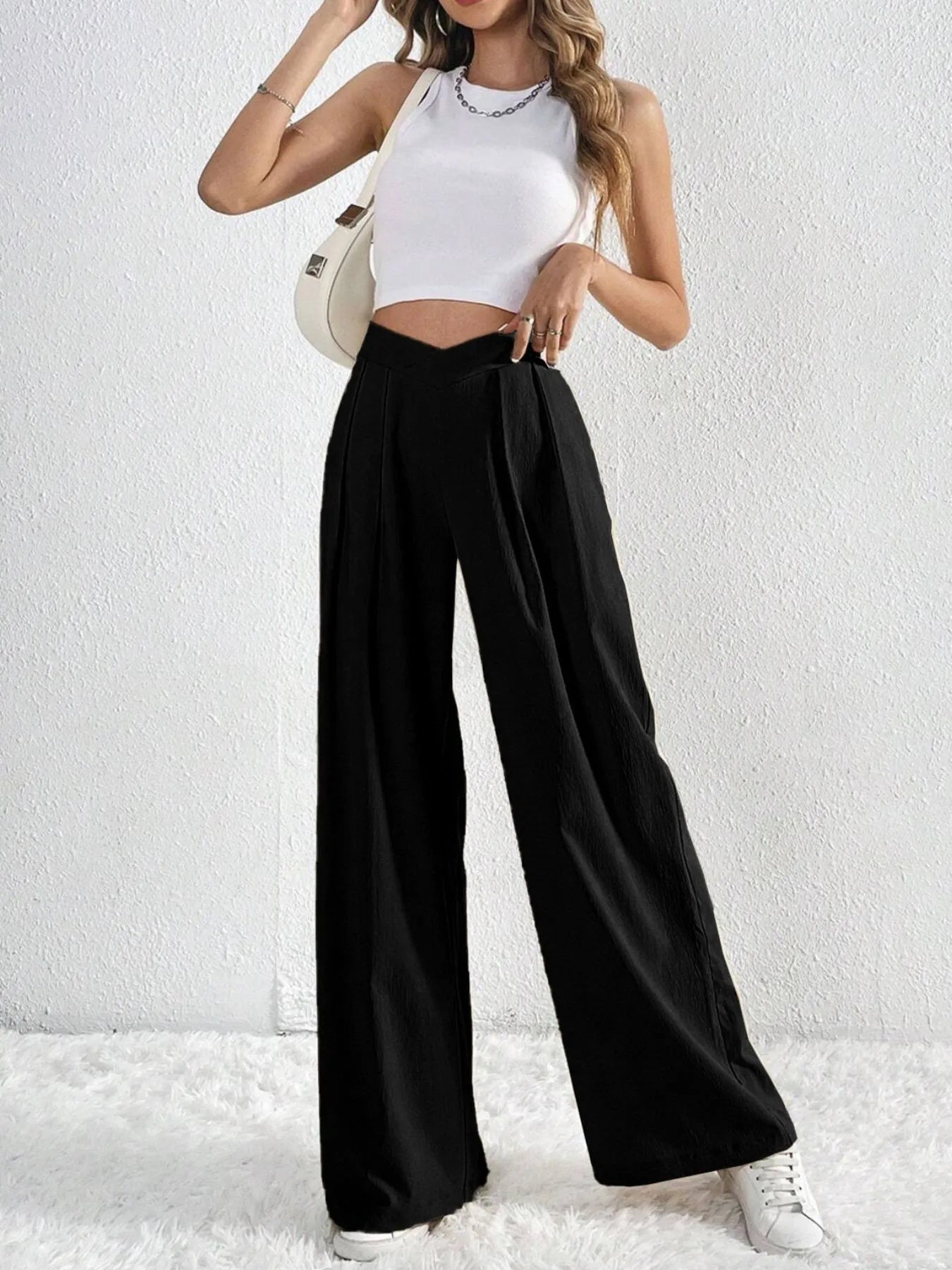Trendsi Ruched Pants in Black with a High Waist and Wide Leg Design for a Fashionable Look