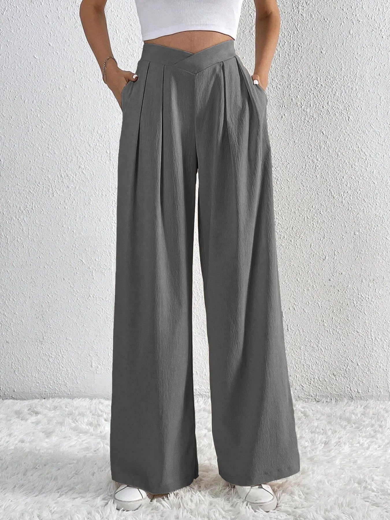 Trendsi Ruched Pants in gray with wide legs and side pockets for a stylish look