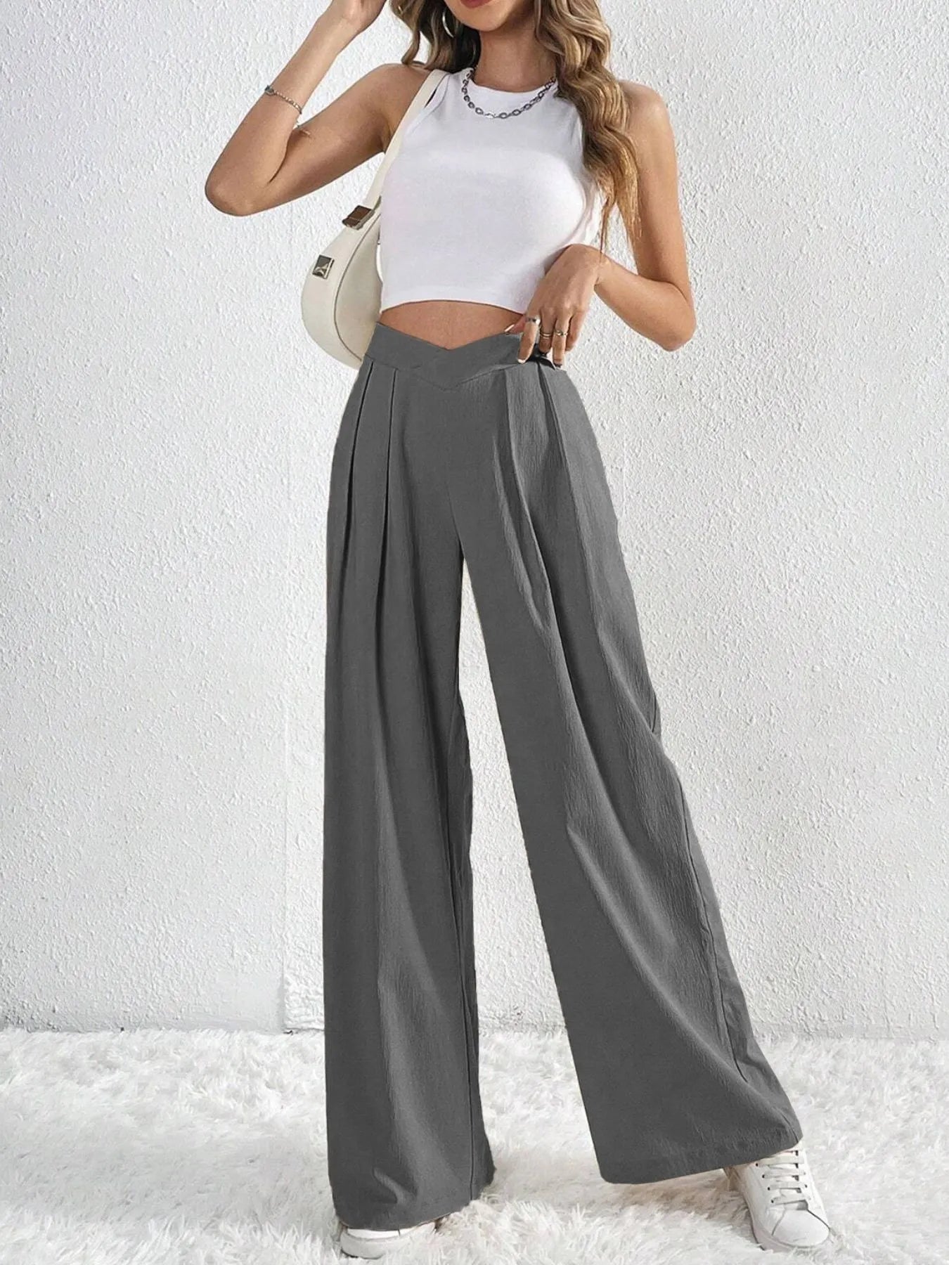 Trendsi Ruched Pants in gray with wide-leg design, styled with a crop top for a trendy look