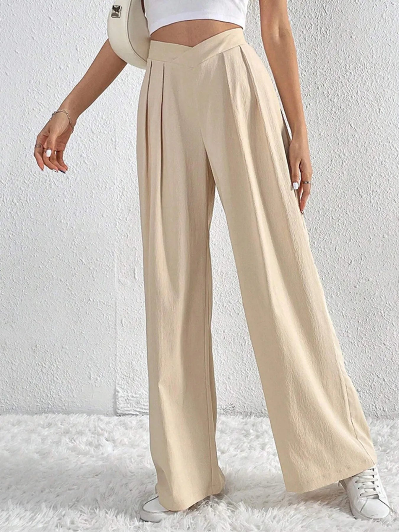 Trendsi Cream Ruched Pants with Wide Legs and Pleated Detail for a Stylish Look